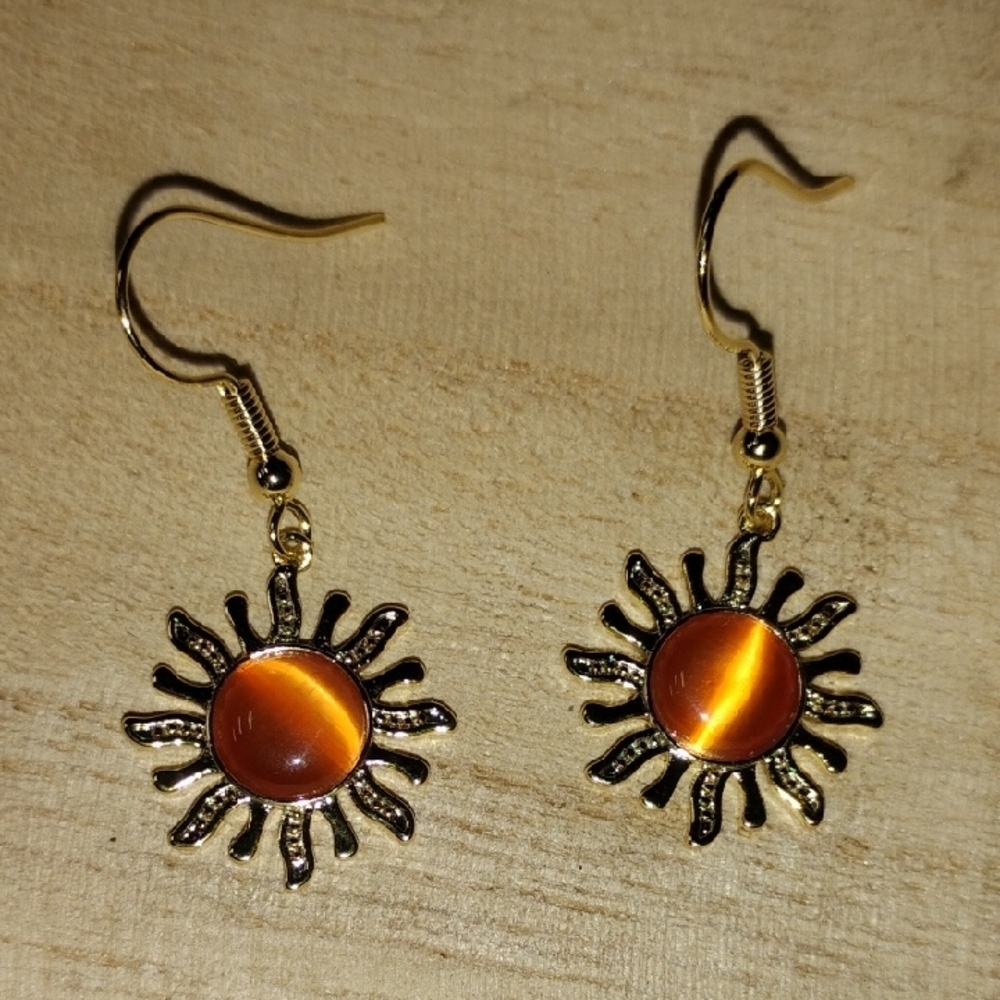Sunburst Gold Tone and Orange Earrings